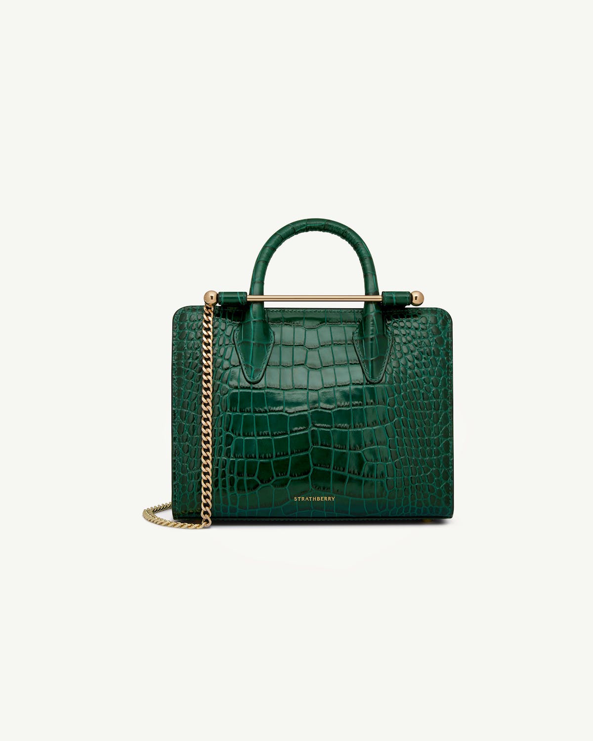 Strathberry croc mini tote in dark green with gold chain and metal bar
