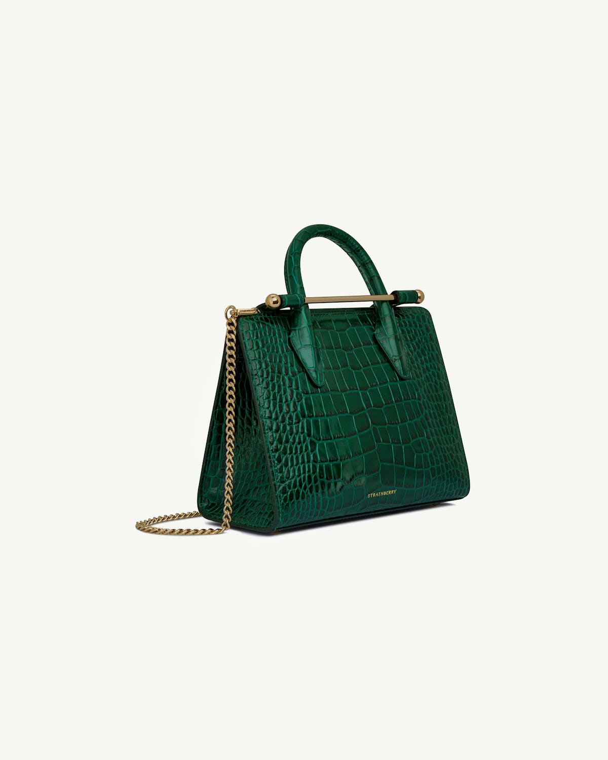 Strathberry mini tote in green croc with gold chain