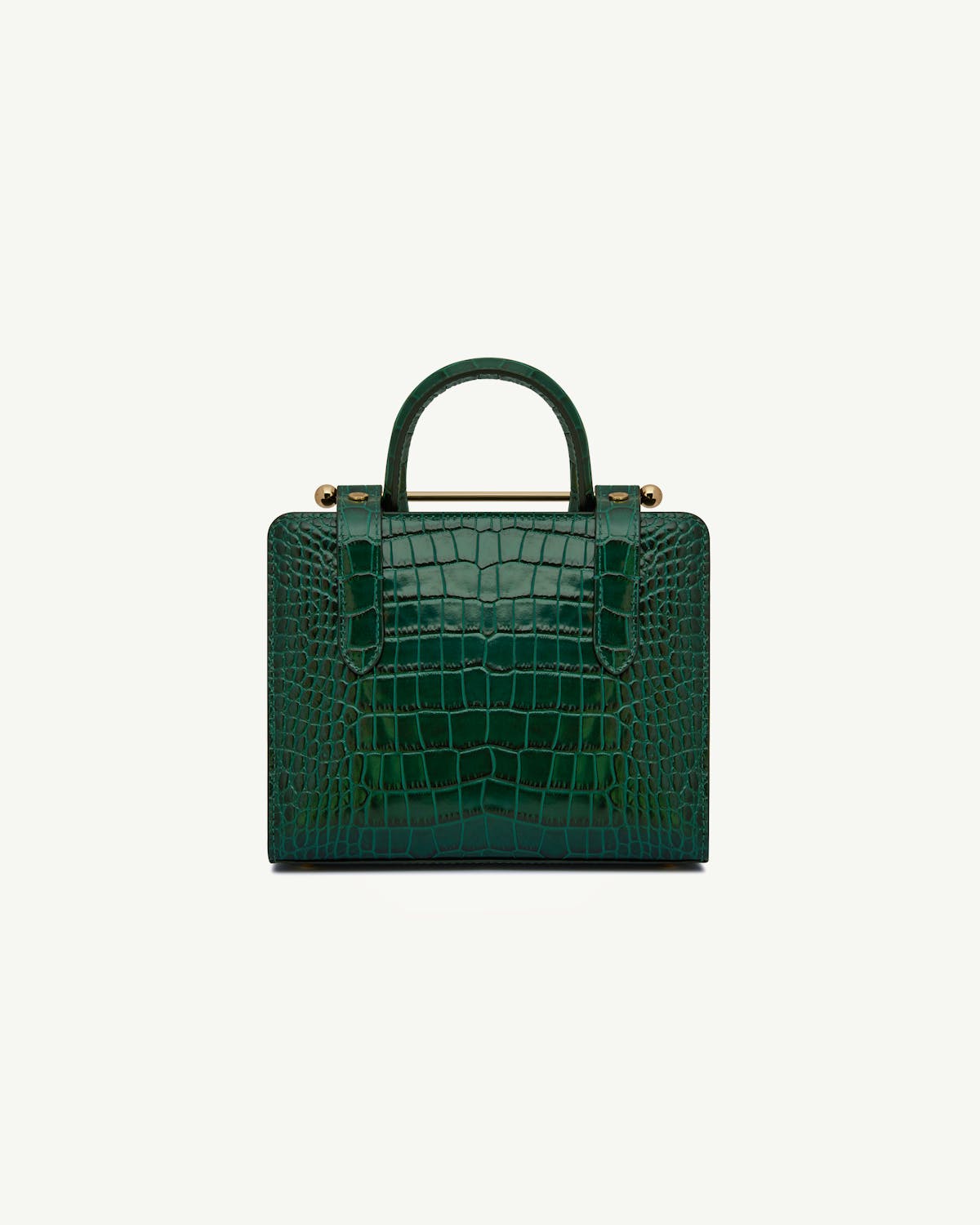 Green croc-embossed mini tote with top handle and gold bar detail