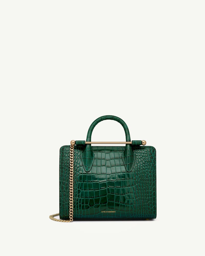 Strathberry green croc mini tote with gold bar handle and chain strap
