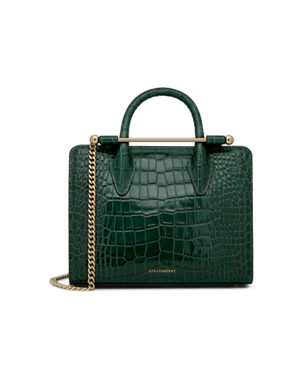 Strathberry dark green croc mini tote with gold bar and chain