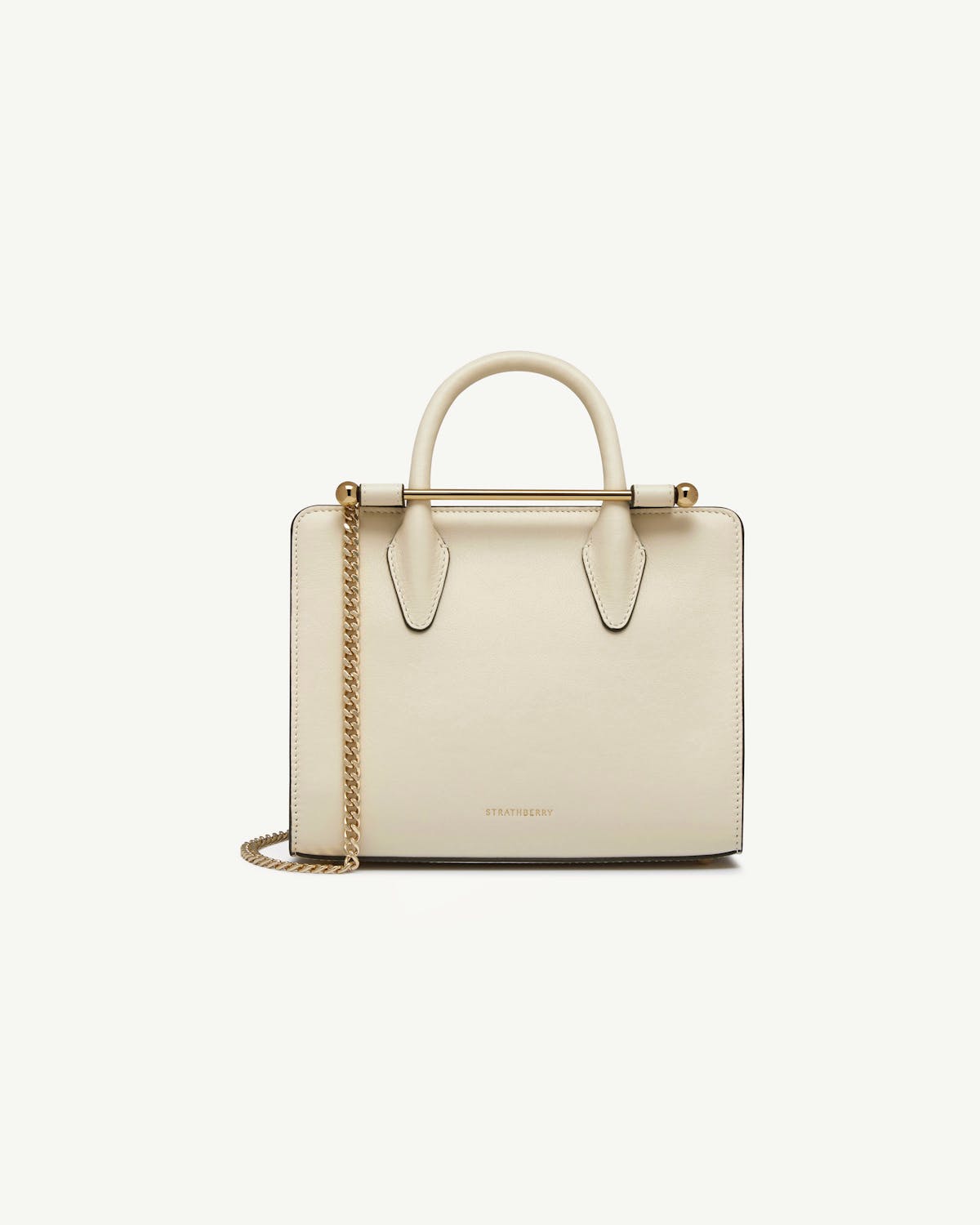 Strathberry vanilla mini tote with gold bar handle and chain strap