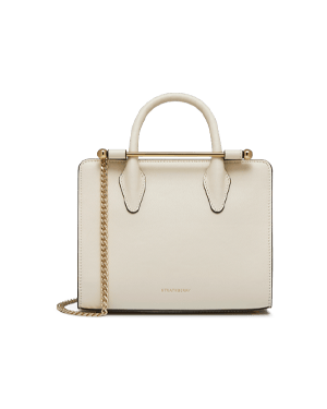 Strathberry mini tote in vanilla with top handle and gold chain strap