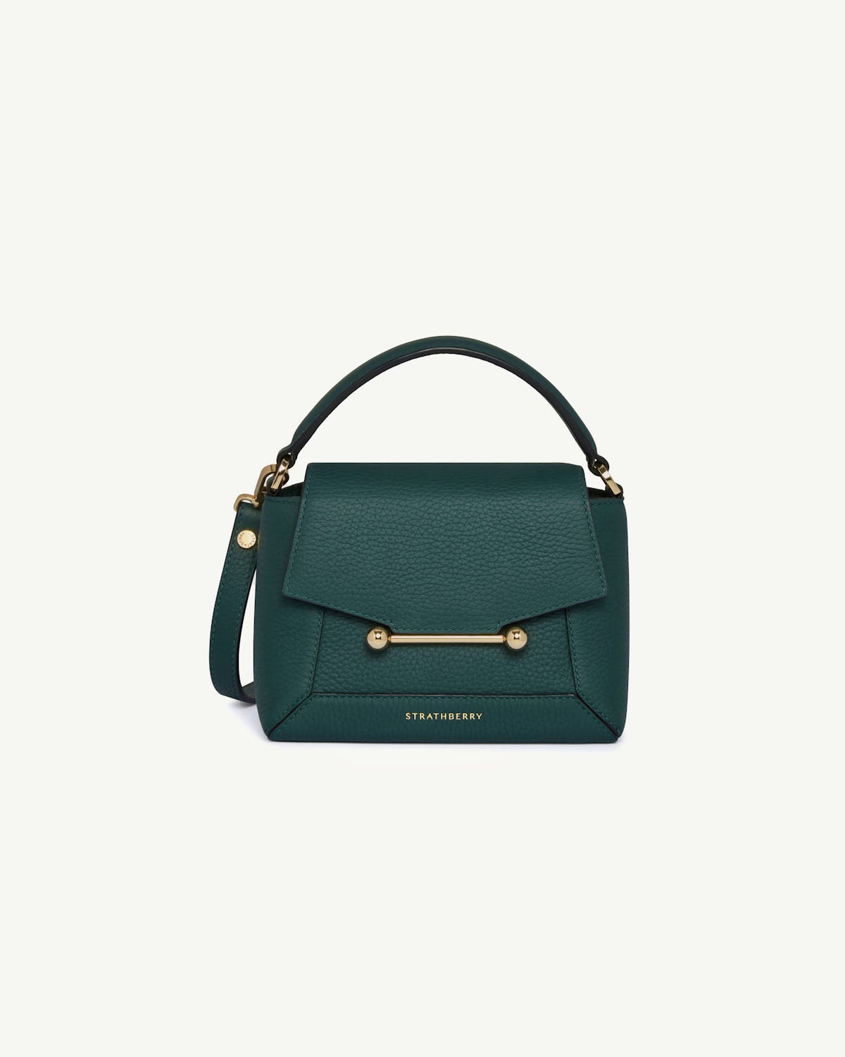Strathberry Mosaic Nano bag in bottle green with top handle and gold bar