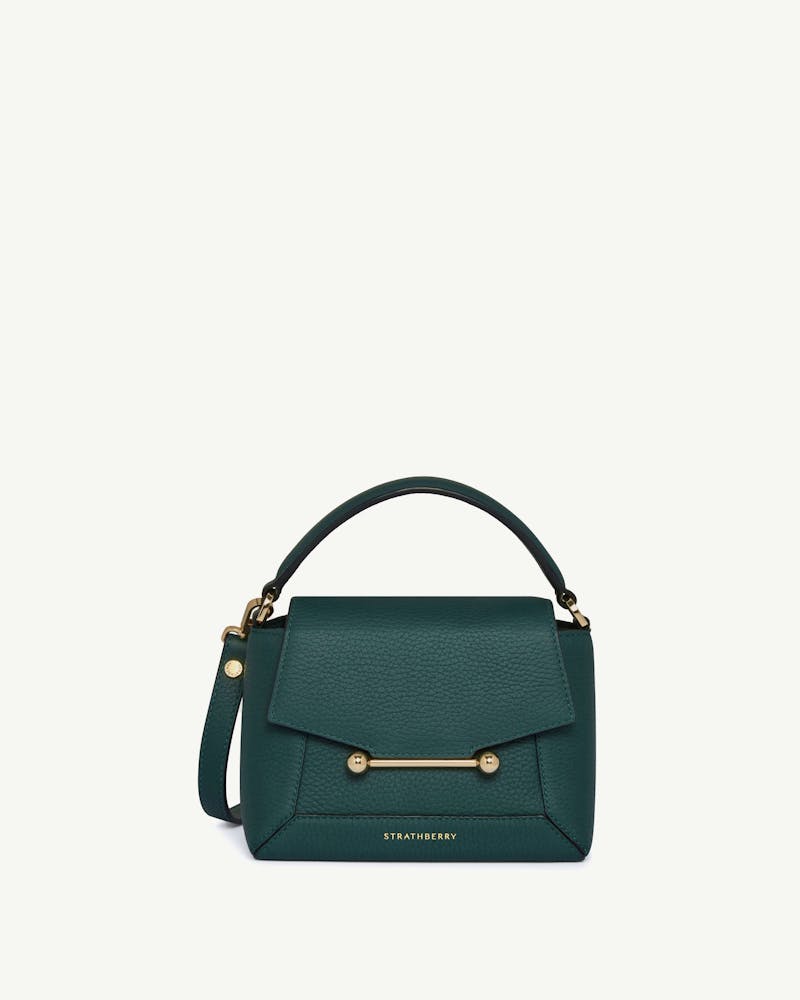 Strathberry Mosaic Nano bottle green leather bag with gold bar detail