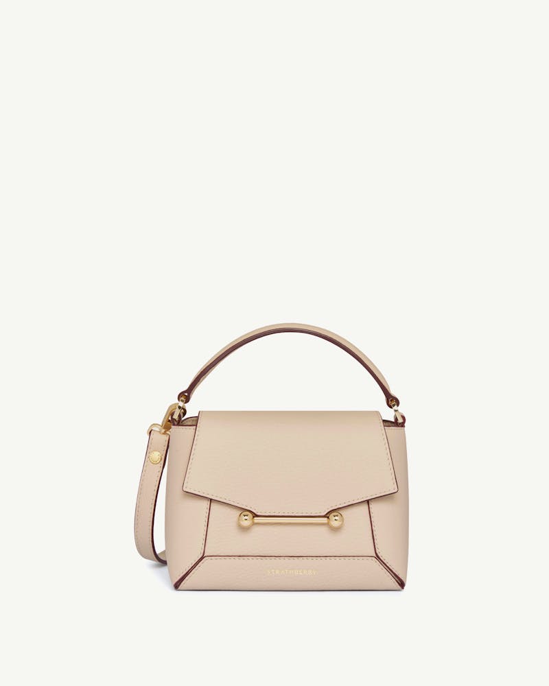 Strathberry Mosaic Nano oat leather bag with top handle and gold bar