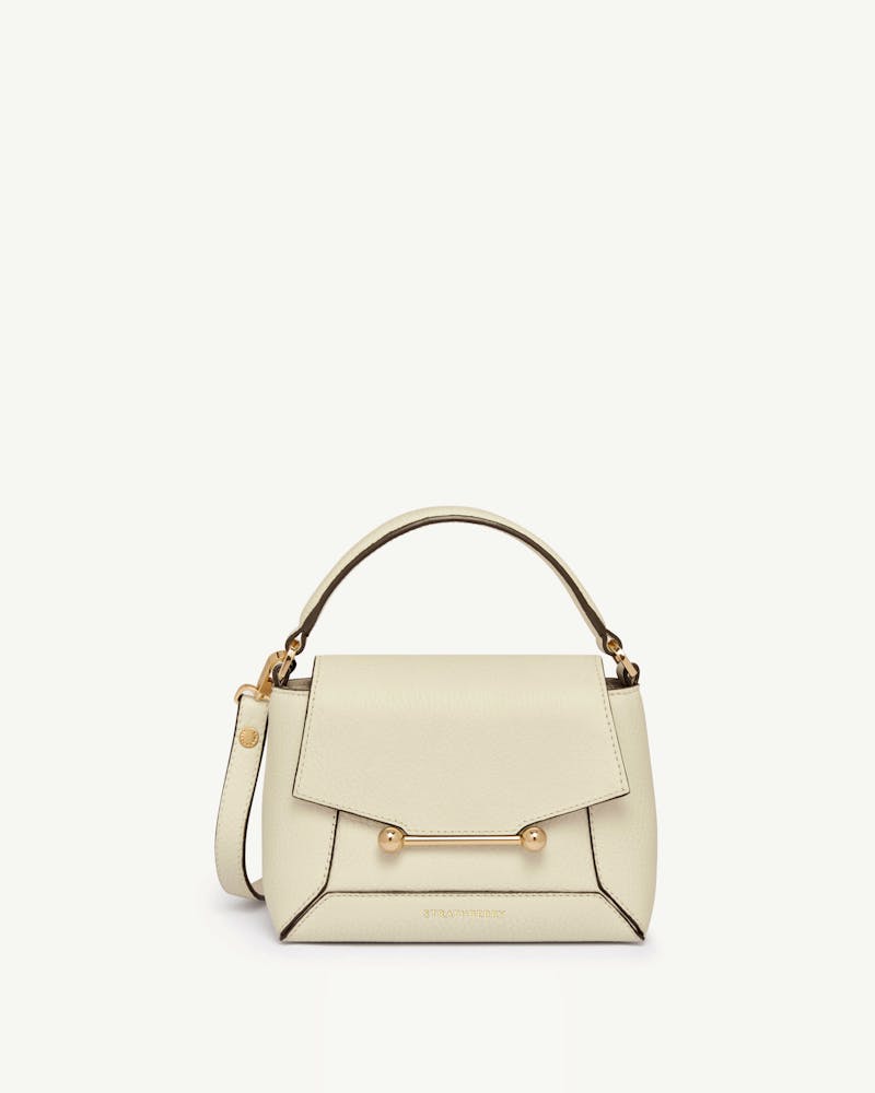 Strathberry Mosaic Nano bag in vanilla placed on white background.