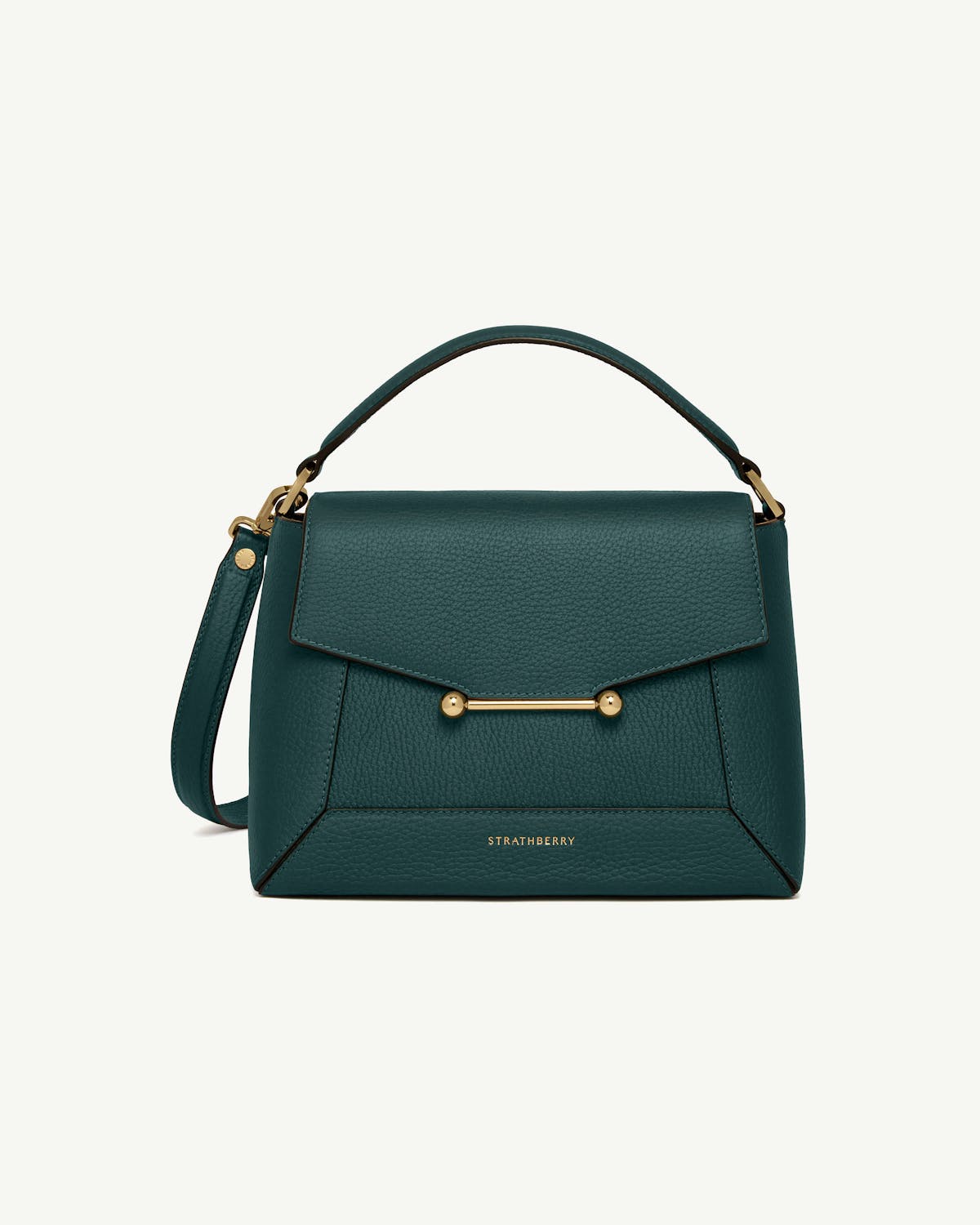 Bottle green Strathberry mosaic bag with top handle and gold bar detail