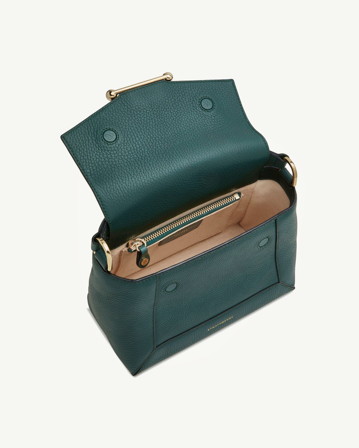 Bottle green Strathberry Mosaic bag open showing beige interior and gold zip.
