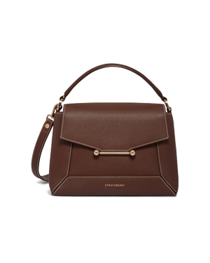 Strathberry Mosaic bag in chocolate with vanilla stitch, front view with top handle