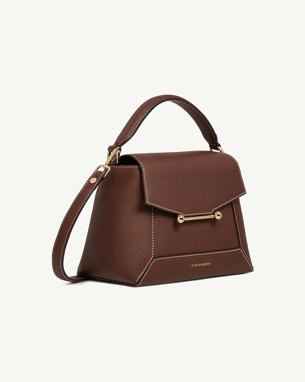 Strathberry Mosaic bag in chocolate leather with vanilla stitch, front view.