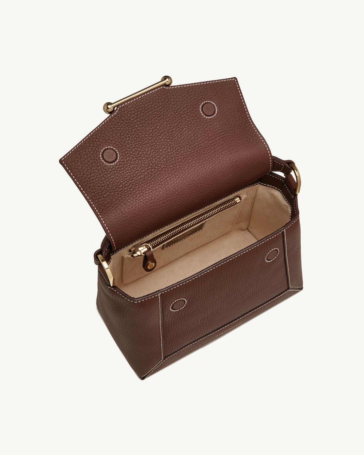 Mosaic bag in chocolate with vanilla stitch, open showing interior and zip pocket