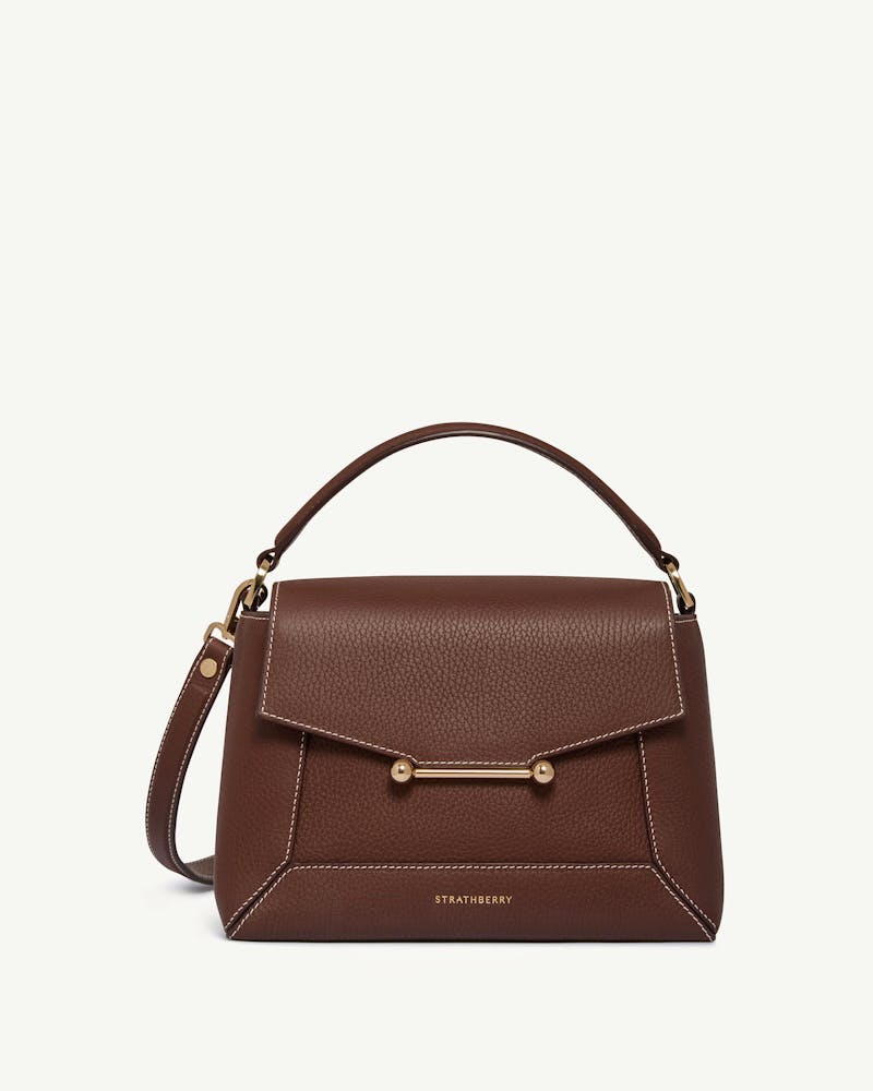 Strathberry Mosaic bag in chocolate leather with vanilla stitch, front view