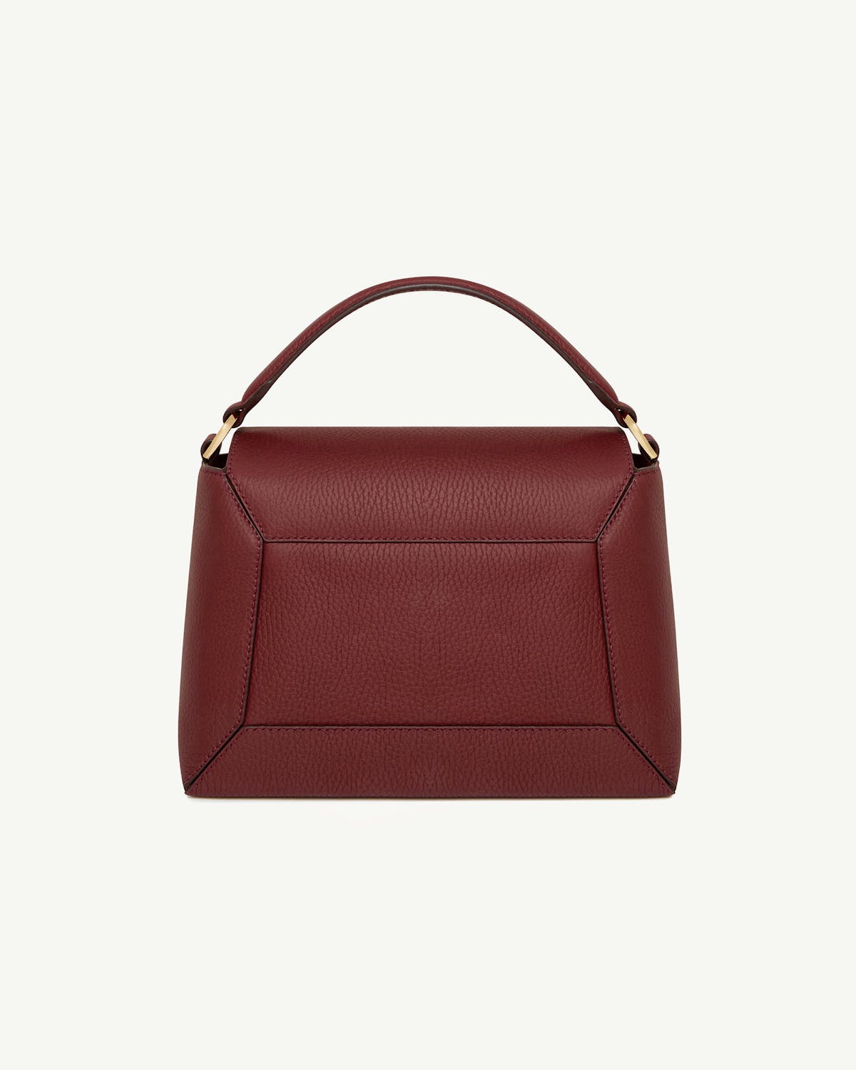 Oxblood pebbled leather mosaic bag with top handle, stitched geometric panels and gold hardware.