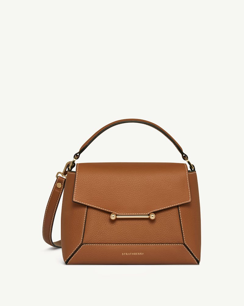 Strathberry Mosaic bag in tan with vanilla stitching, top handle and shoulder strap