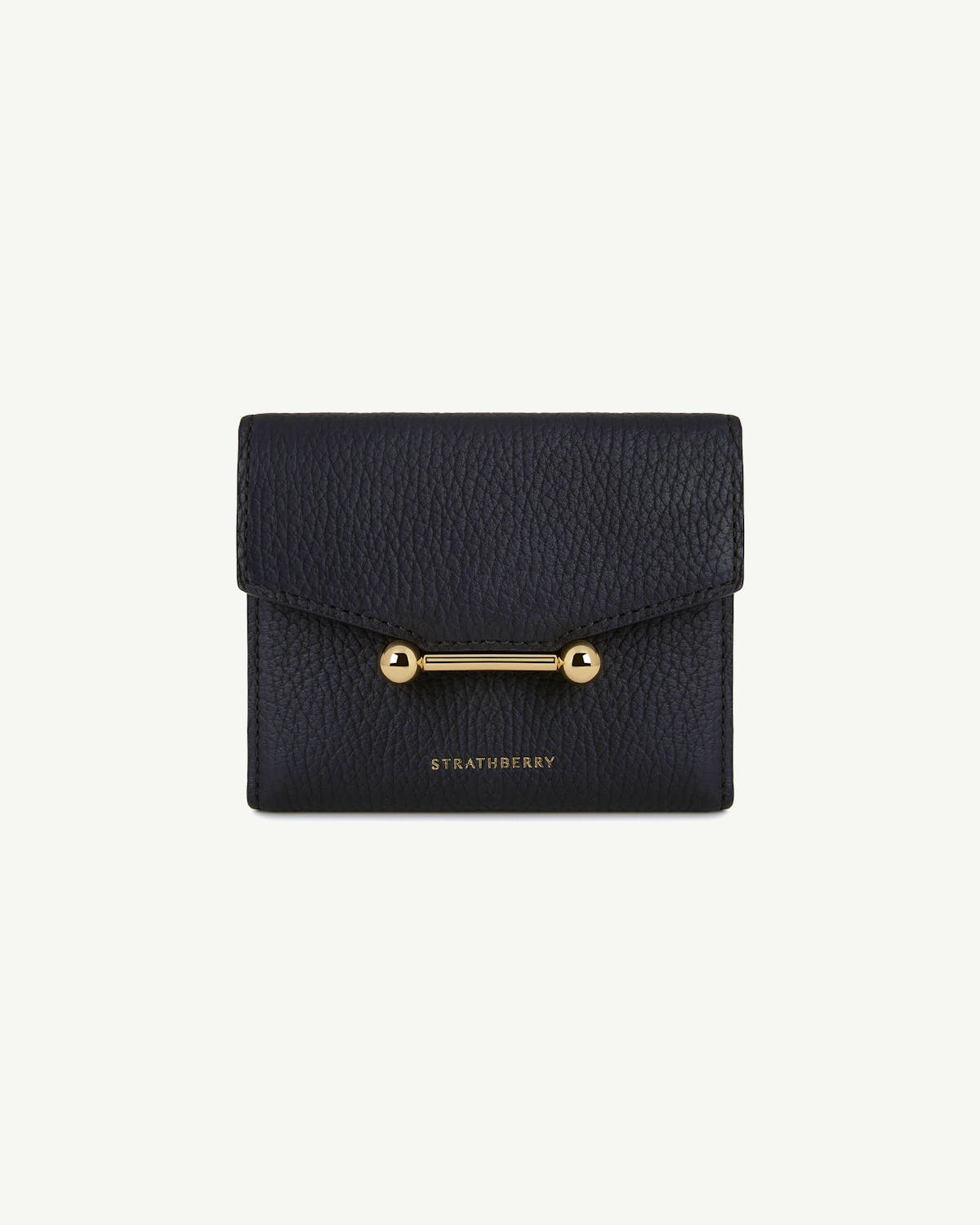 Black mosaic trifold wallet with gold bar clasp and Strathberry logo.