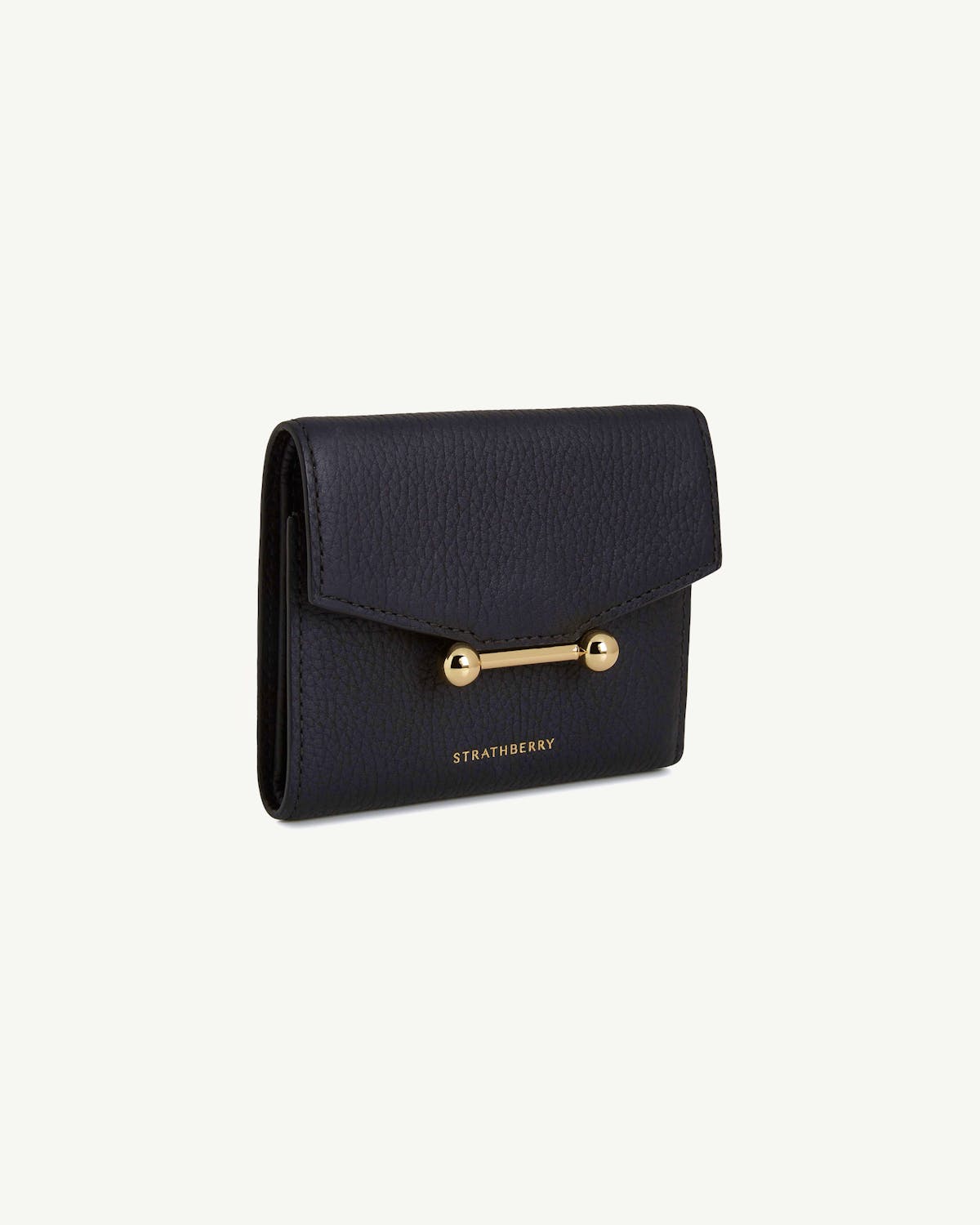 Black Strathberry Mosaic trifold wallet with gold bar closure and pebble leather.