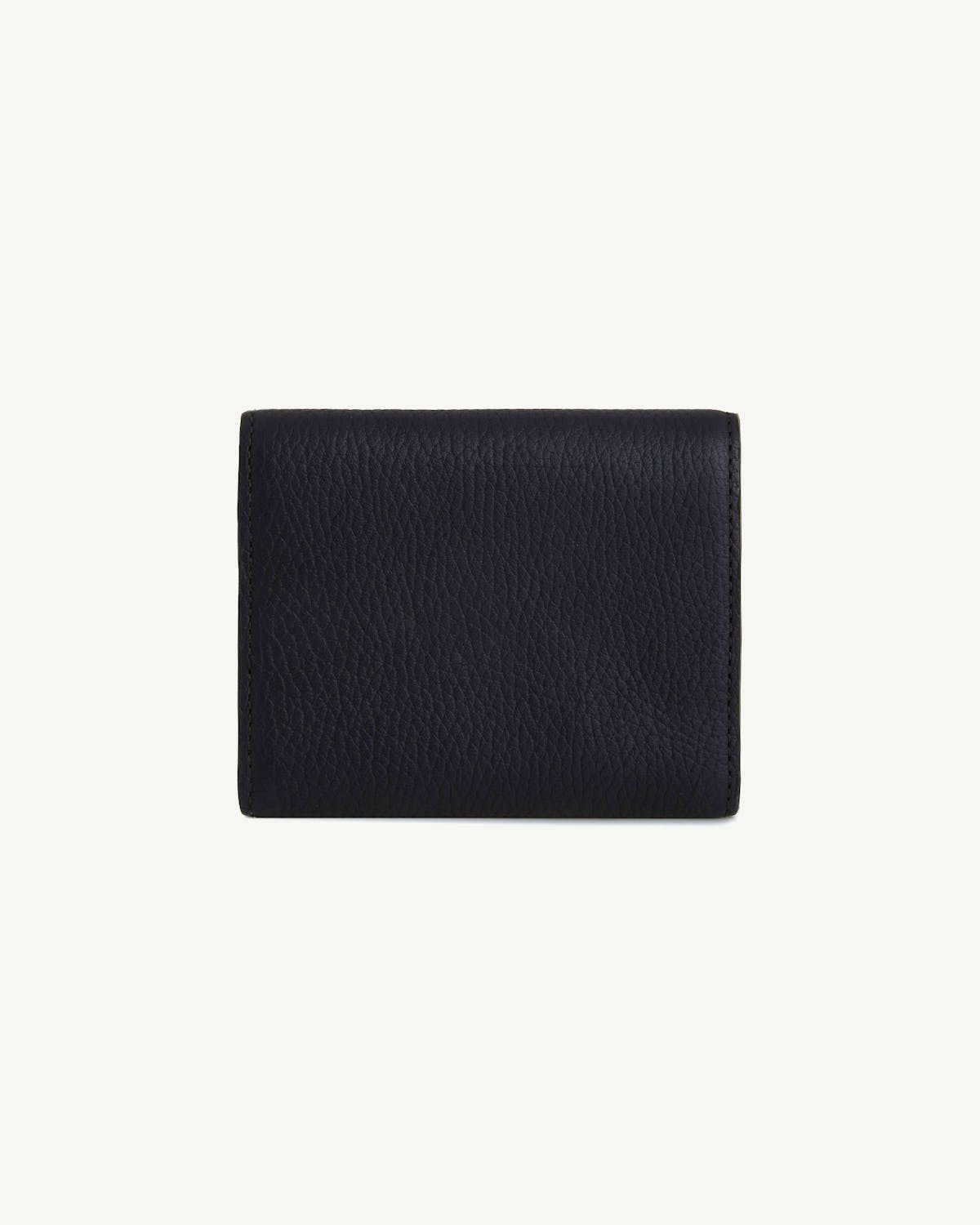 Black mosaic trifold wallet in pebbled leather, closed front view.