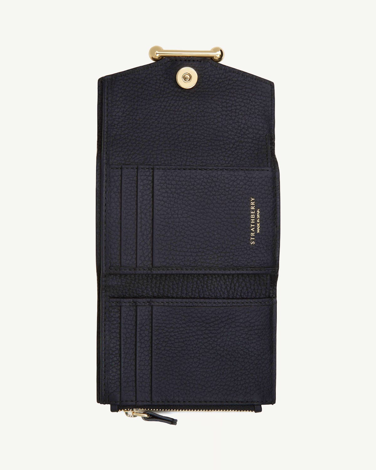 Black Strathberry trifold wallet open, showing card slots and zip pocket.