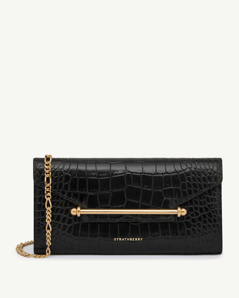 Strathberry Multrees chain wallet in black croc leather with gold bar