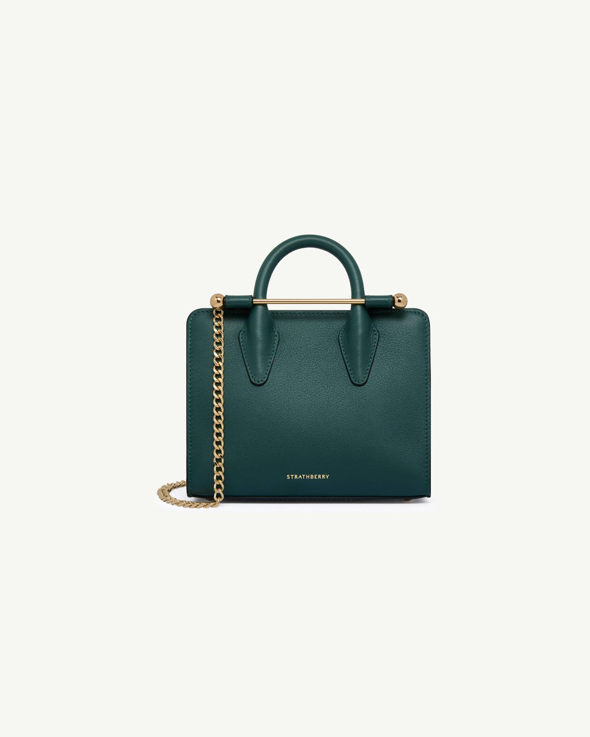 Strathberry bottle green nano tote with gold chain and top handle