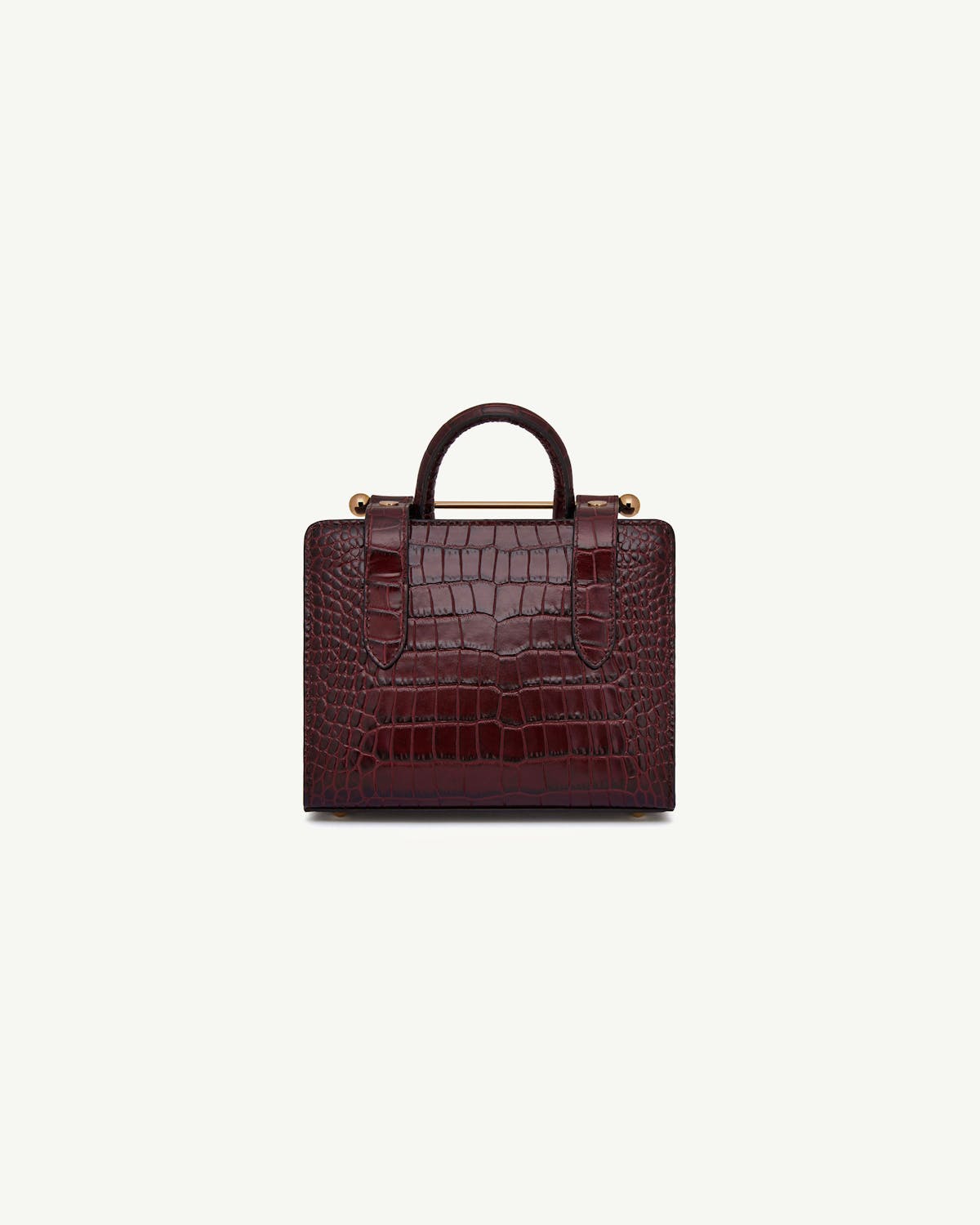Small structured croc-effect nano tote with top handles in dark burgundy.