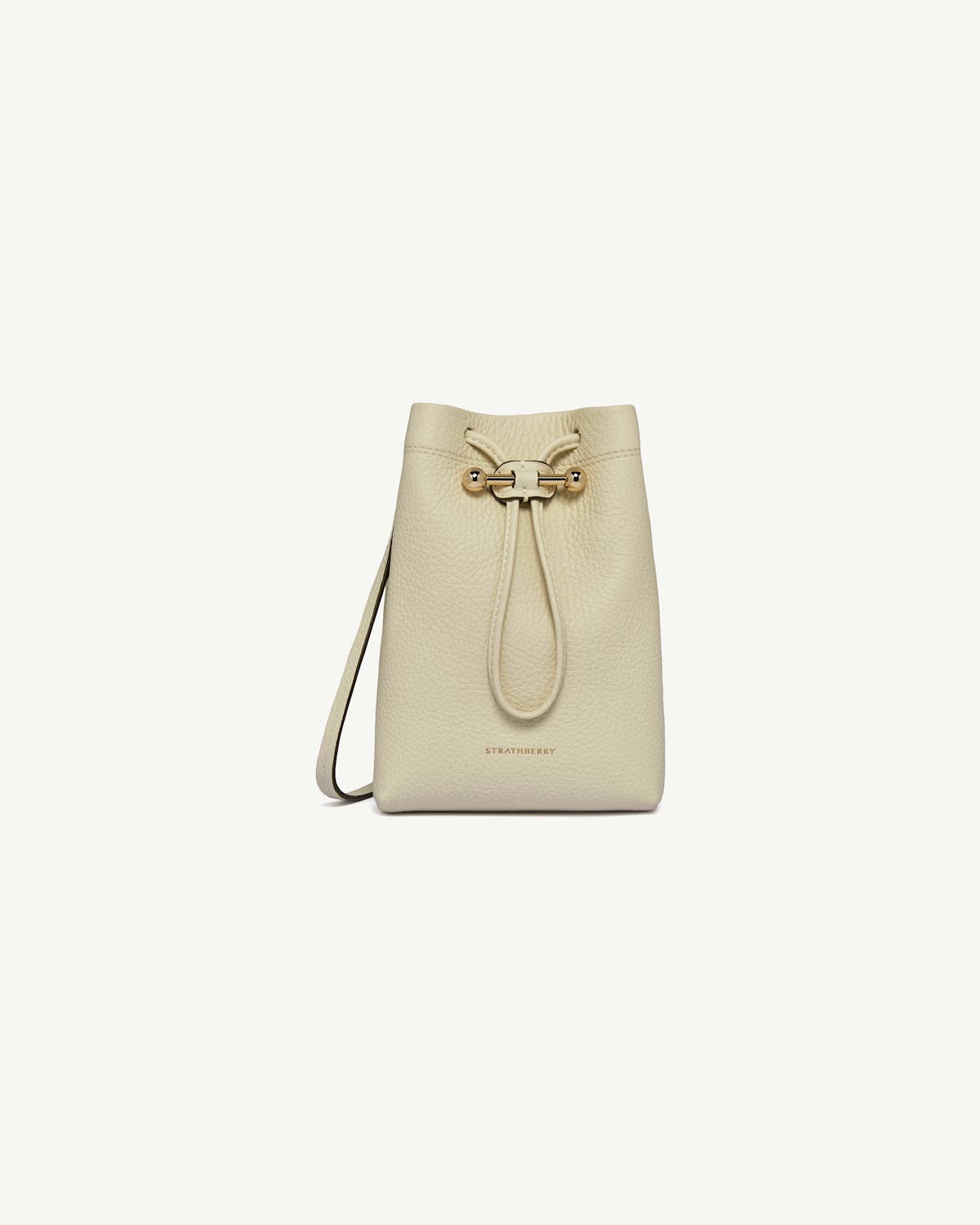 Strathberry Osette midi pouch in vanilla pebbled leather with gold drawstring hardware