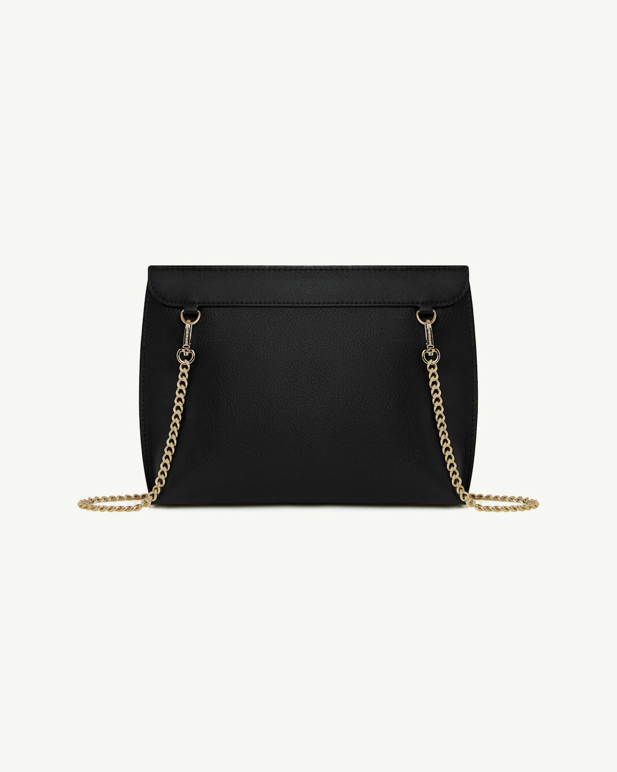 Black leather bag shown from the back with gold chain strap on white background