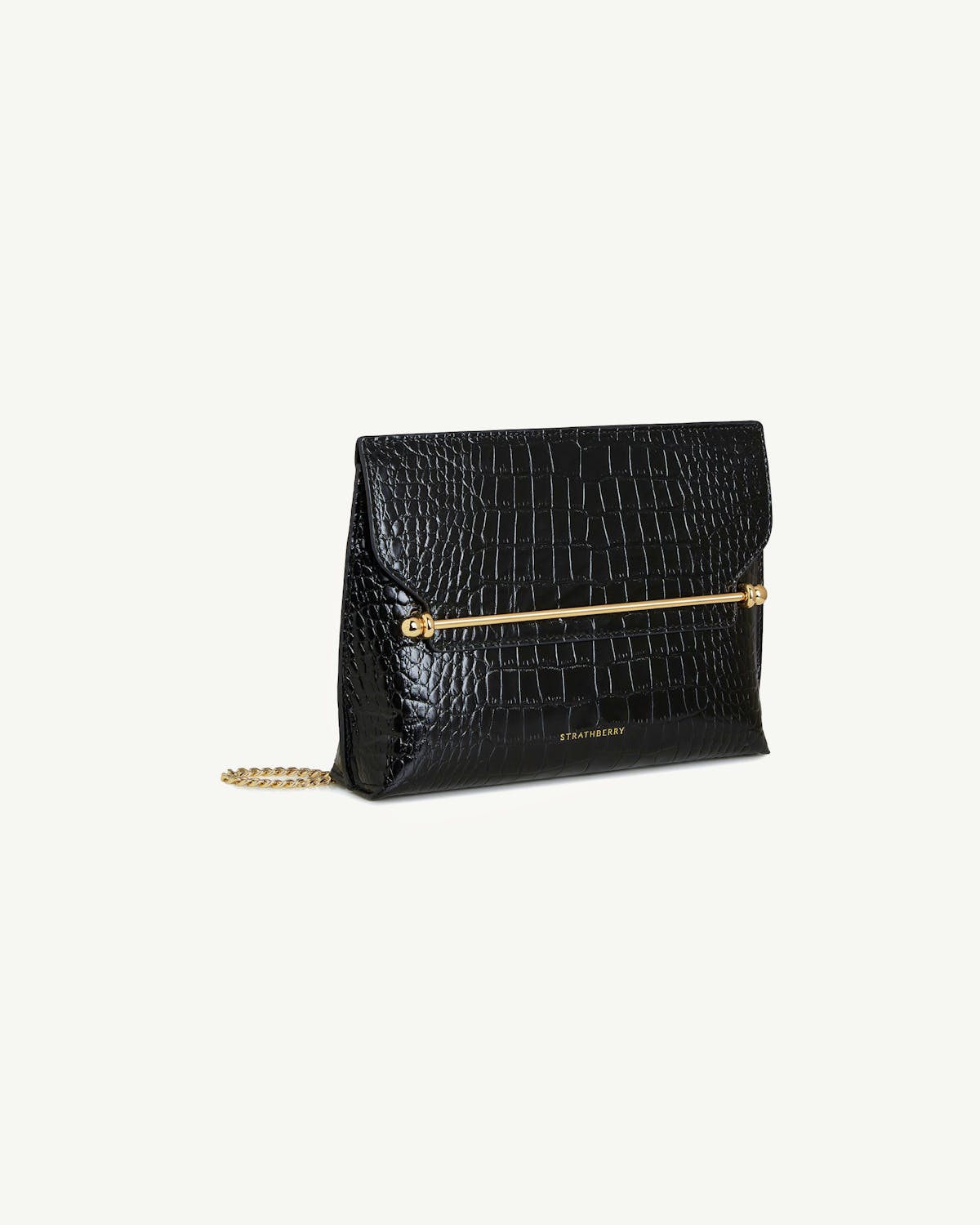 Strathberry croc-effect black stylist bag with gold bar and chain