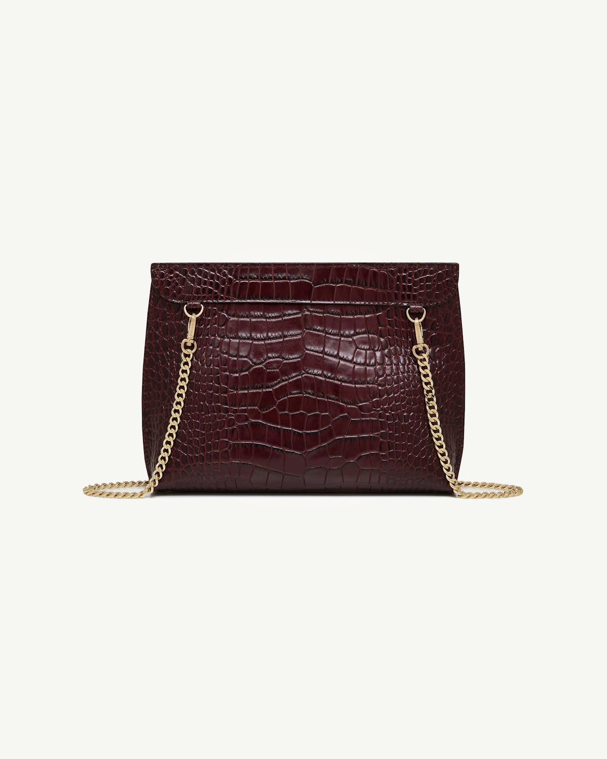 Burgundy croc-embossed stylist bag with gold chain strap, front view.