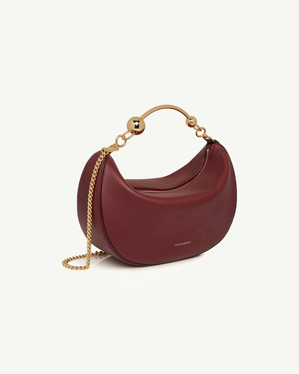 Strathberry Crescent Moon oxblood leather bag with gold chain and top handle