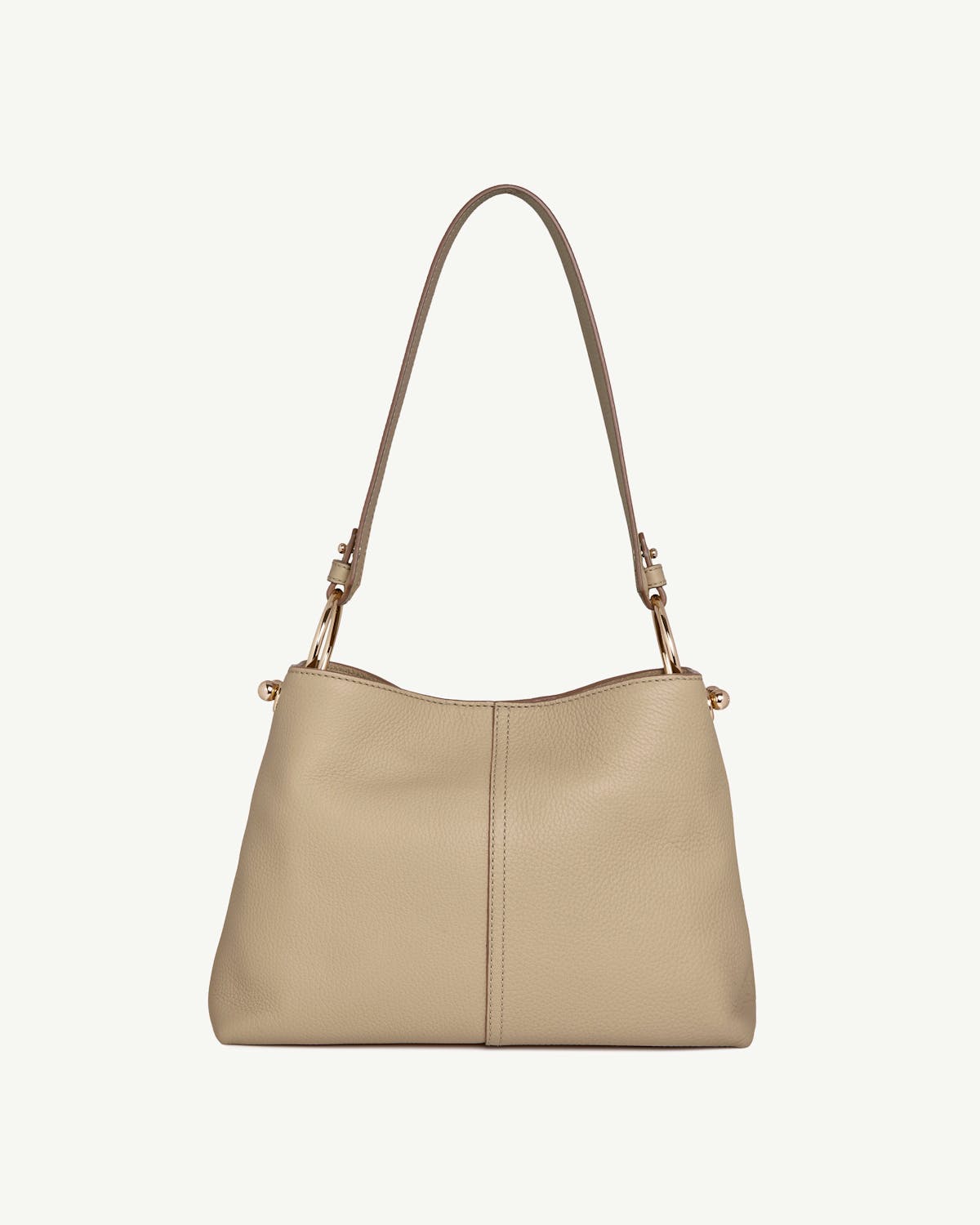 Lana hobo bag in sand leather with single shoulder strap and central seam.