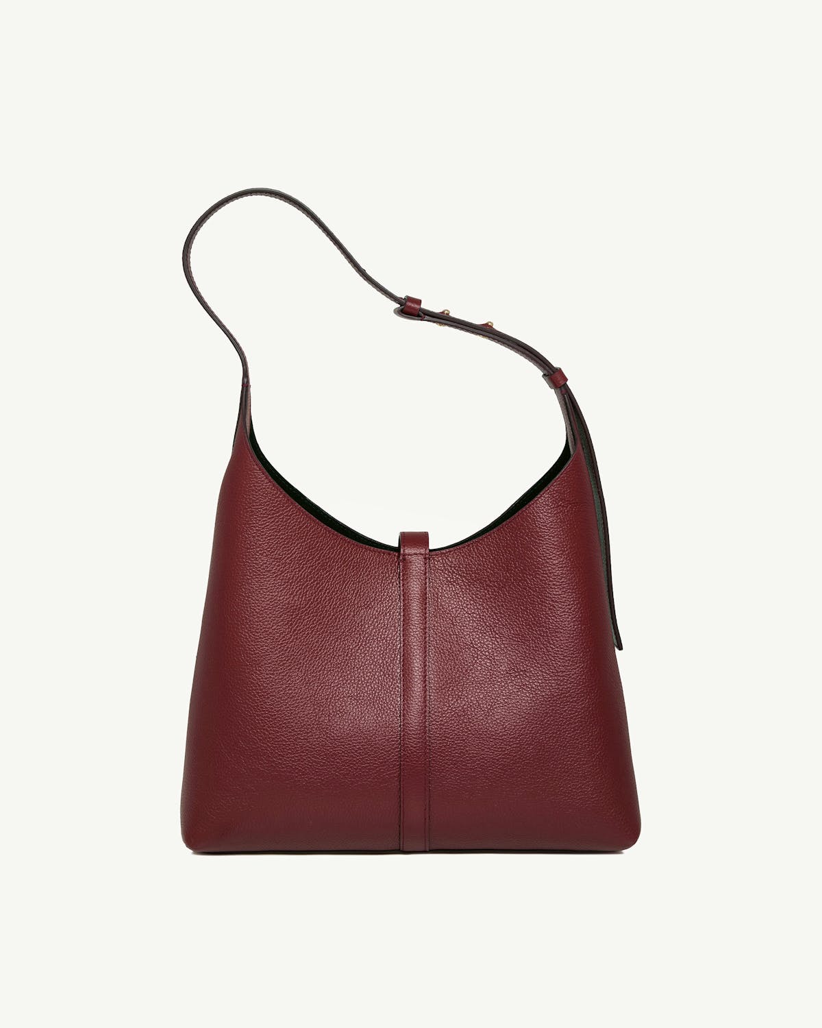 Oxblood Kite Hobo bag in pebbled leather with single shoulder strap and centre seam.