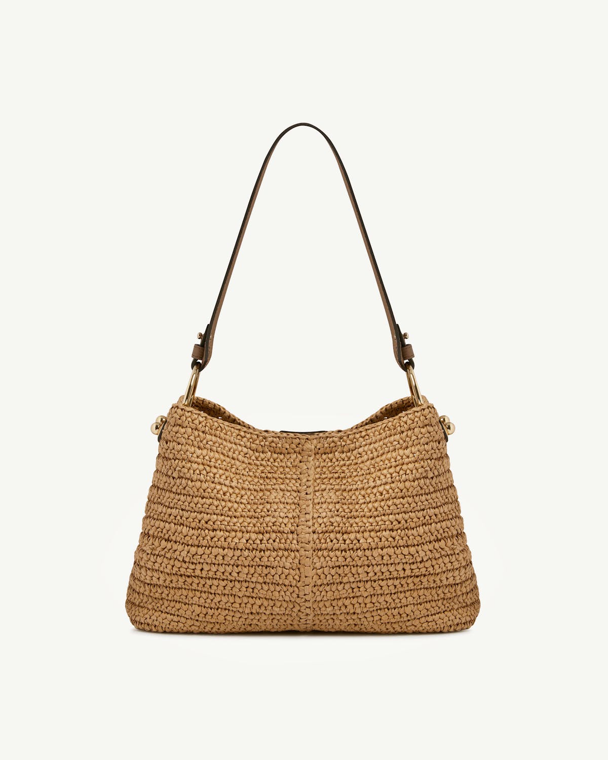Raffia hobo bag with clay leather shoulder strap and gold-tone hardware.