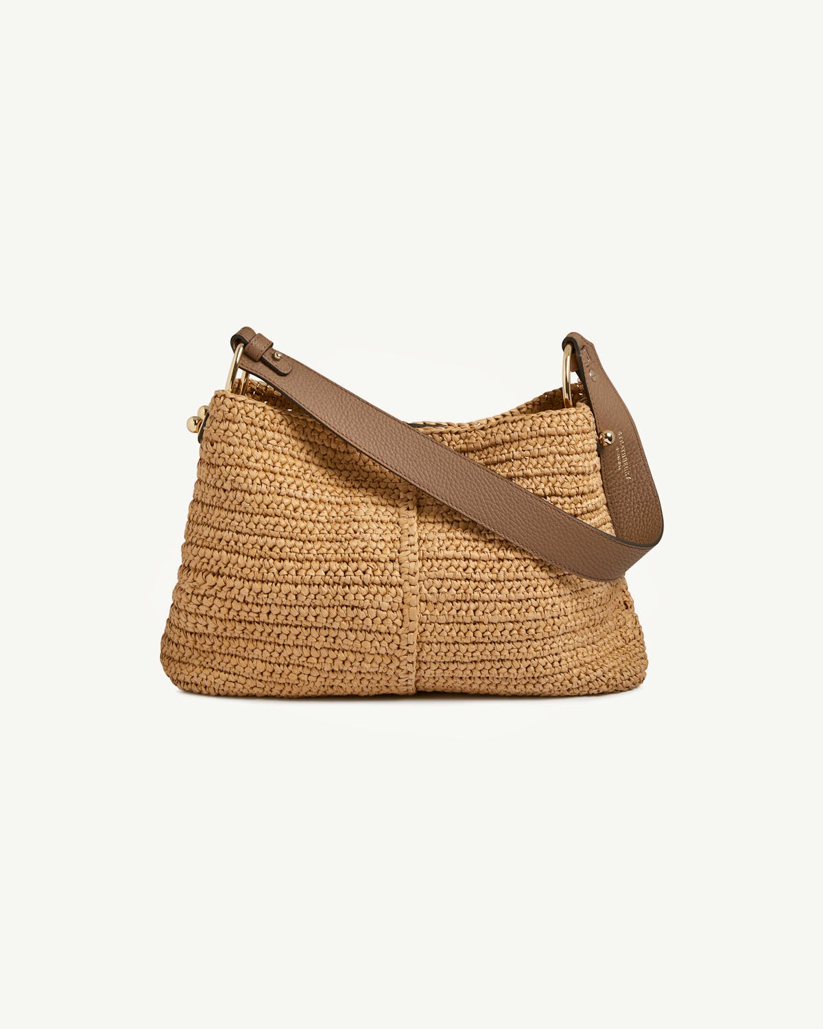 Raffia hobo bag with clay-coloured leather shoulder strap and gold hardware