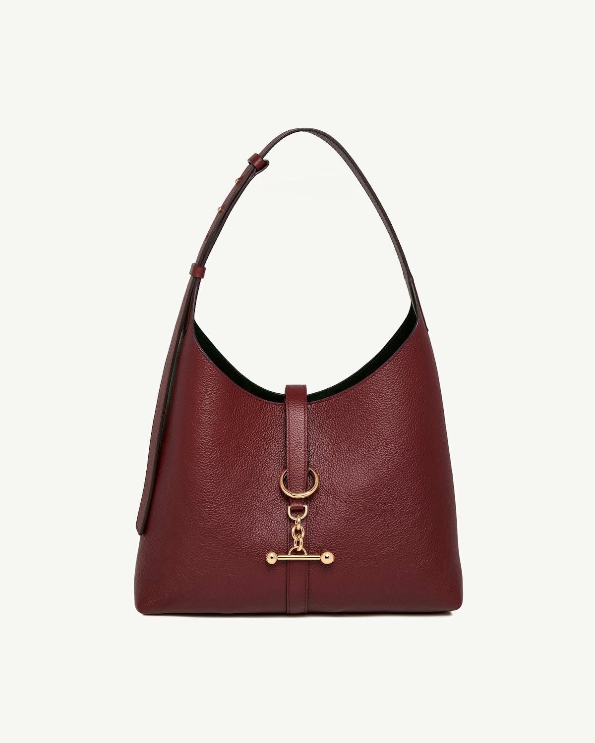 Oxblood leather kite hobo bag with single shoulder strap and gold fittings.
