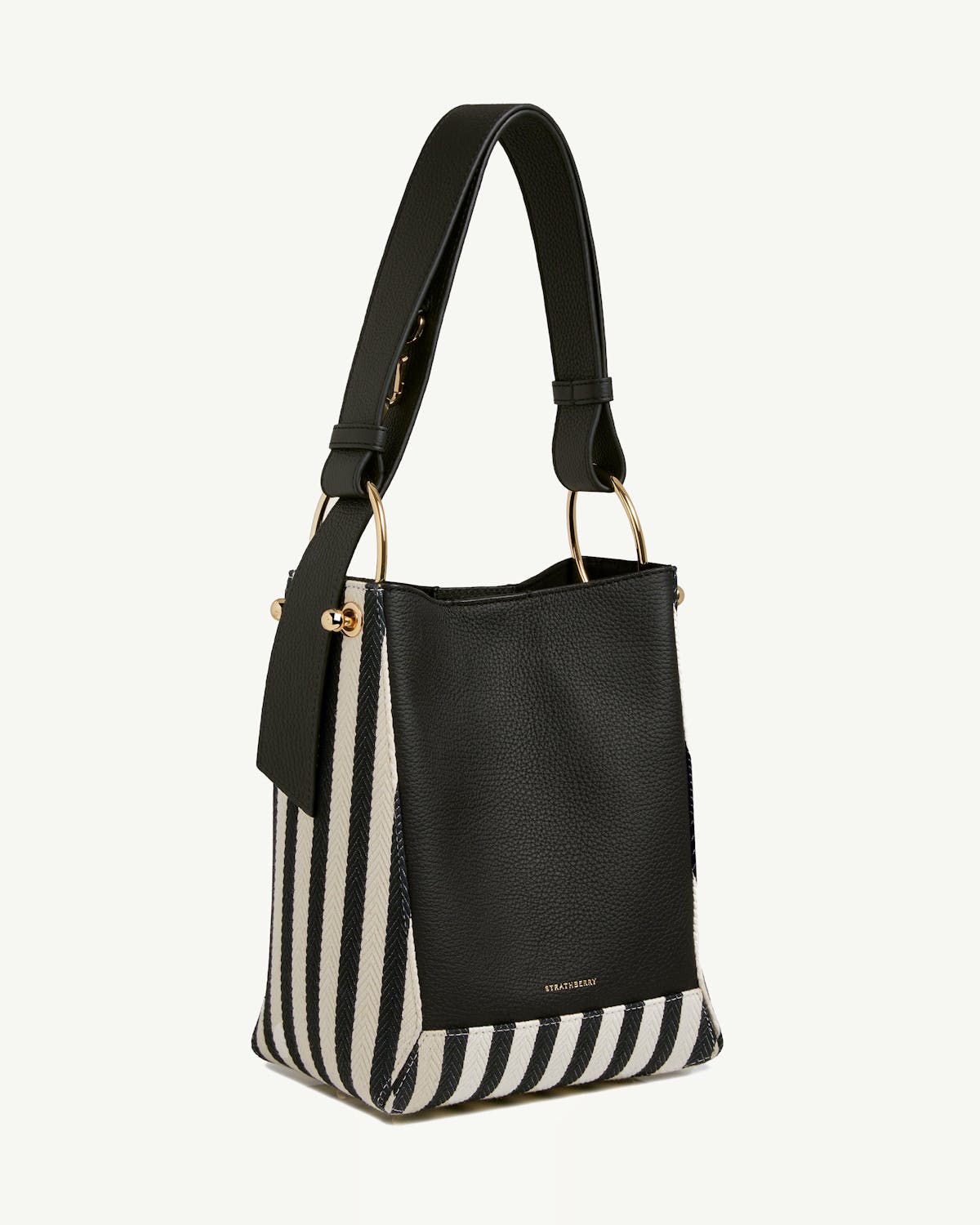 Strathberry Lana midi bucket bag black leather with striped canvas sides.