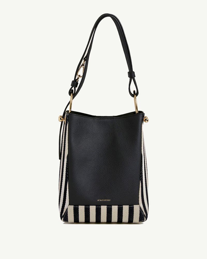 Strathberry Lana midi bucket bag black leather with striped canvas panels