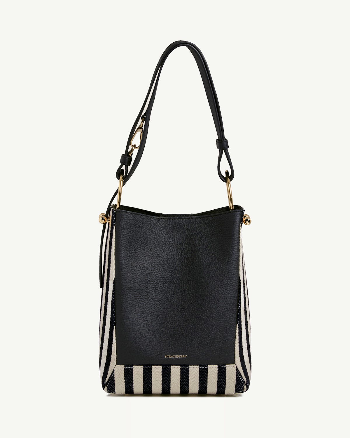 Strathberry Lana Midi bucket bag black leather front with striped canvas sides