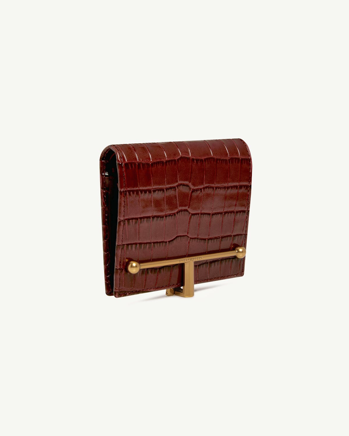 Strathberry Melville Street wallet croc in brown with gold T-bar closure