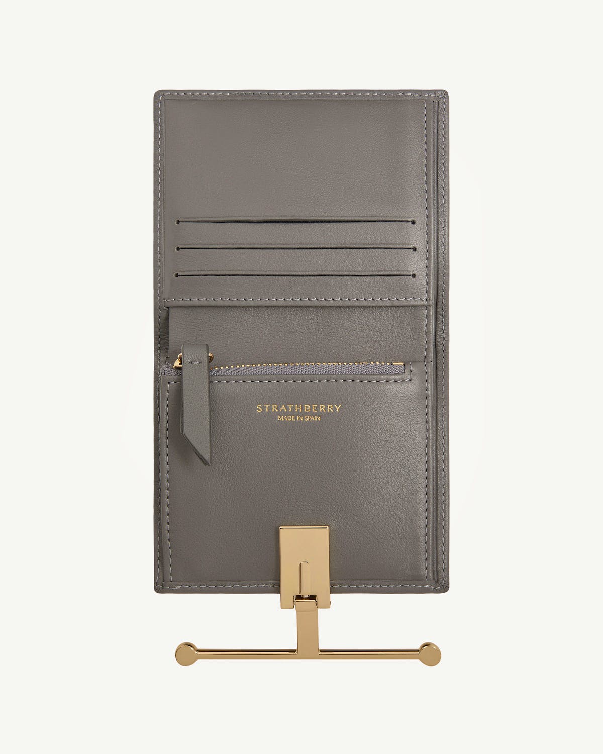 Strathberry Melville Street Wallet open in stone grey showing card slots and zip pocket