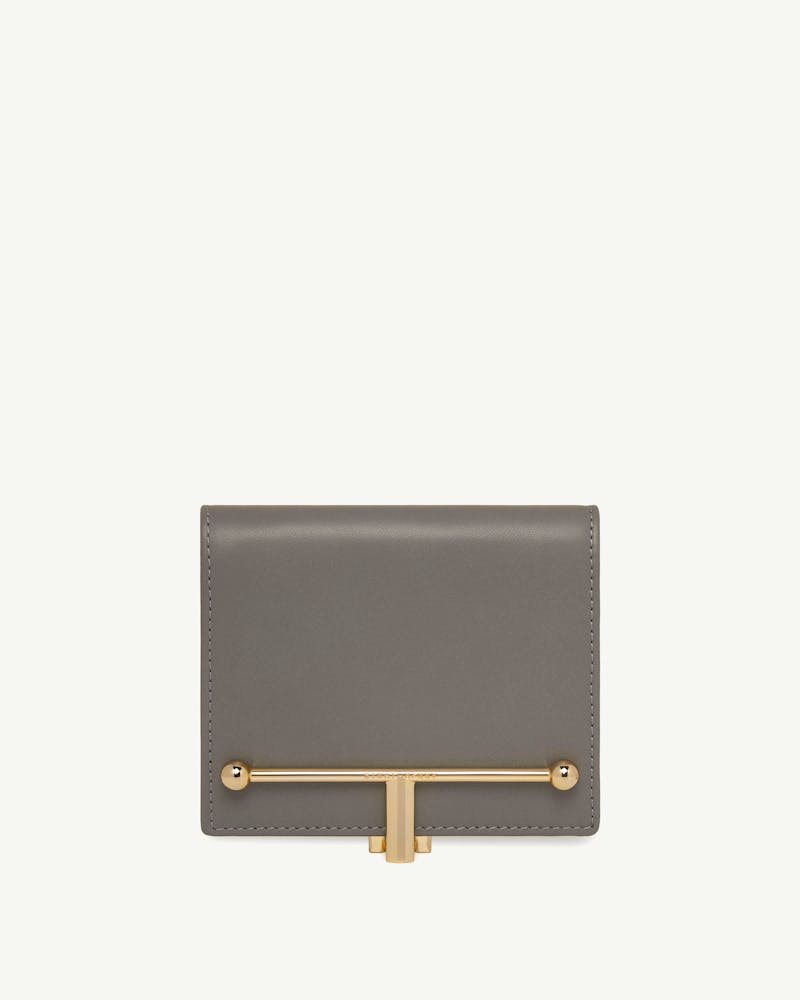 Melville Street wallet in stone grey, front view with gold T-bar closure.