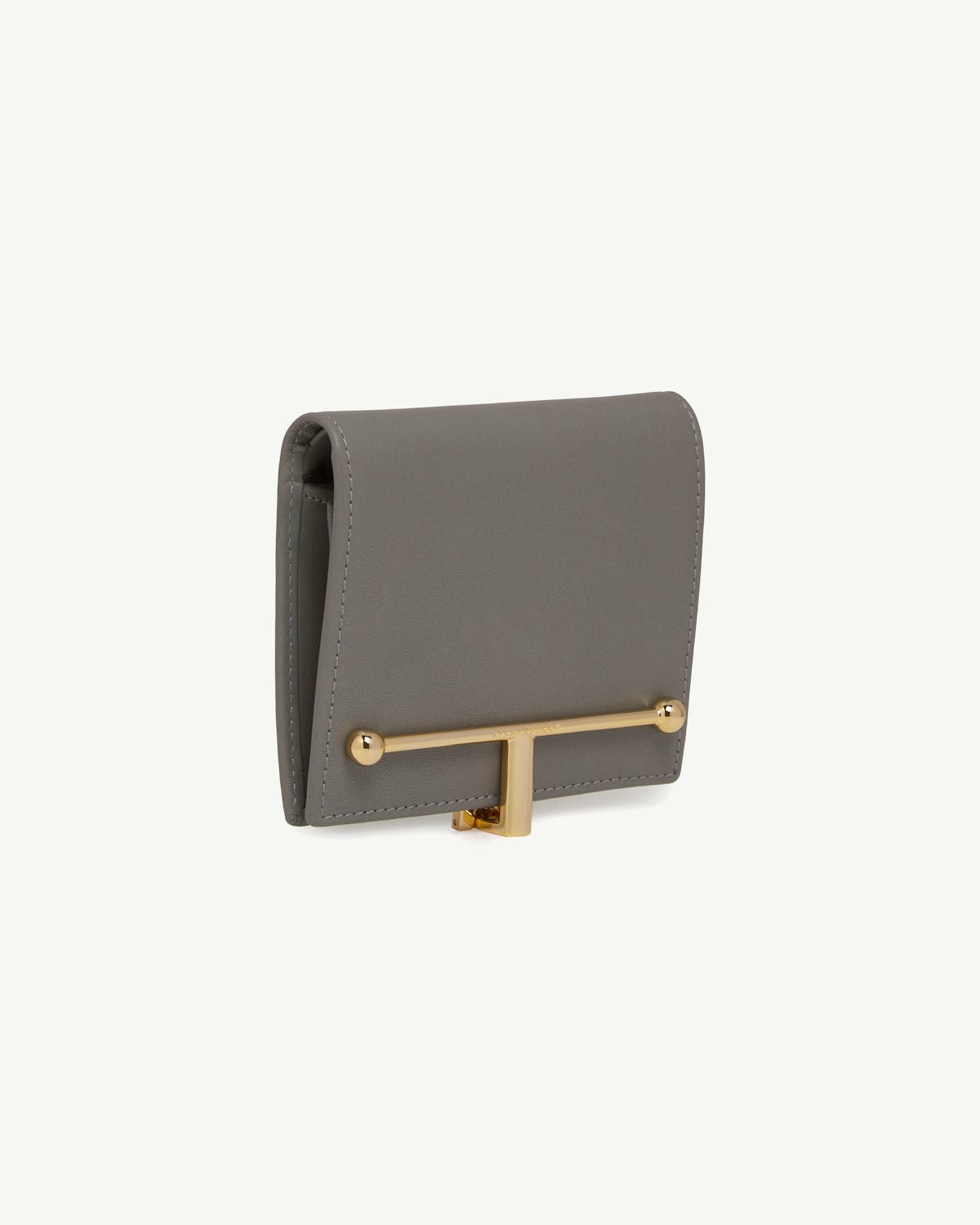 Stone grey Melville Street wallet with gold T-bar closure, angled front view