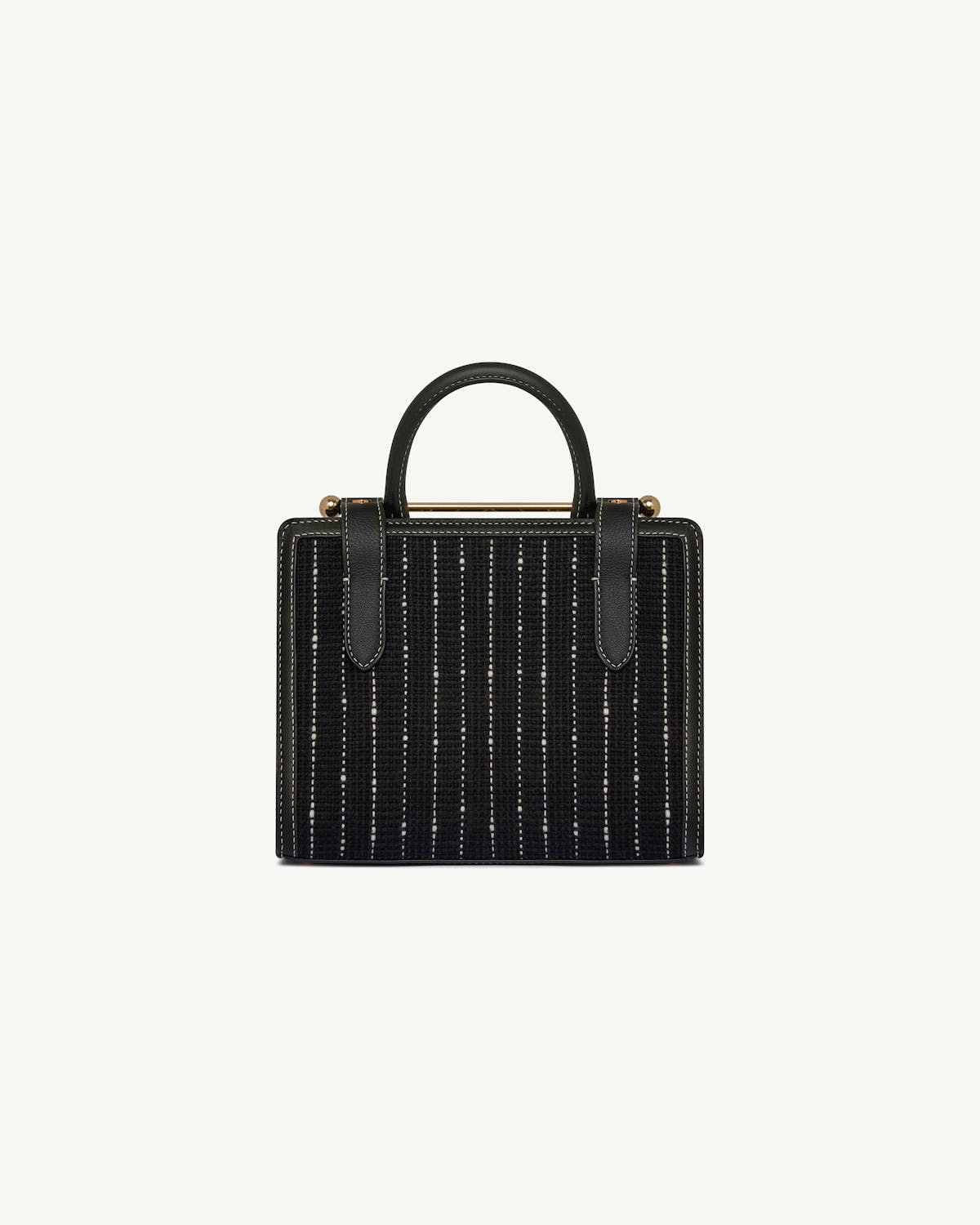 Black tweed mini tote with top handles and gold bar hardware.