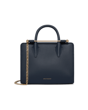 Strathberry marine blue mini tote with top handle and gold chain