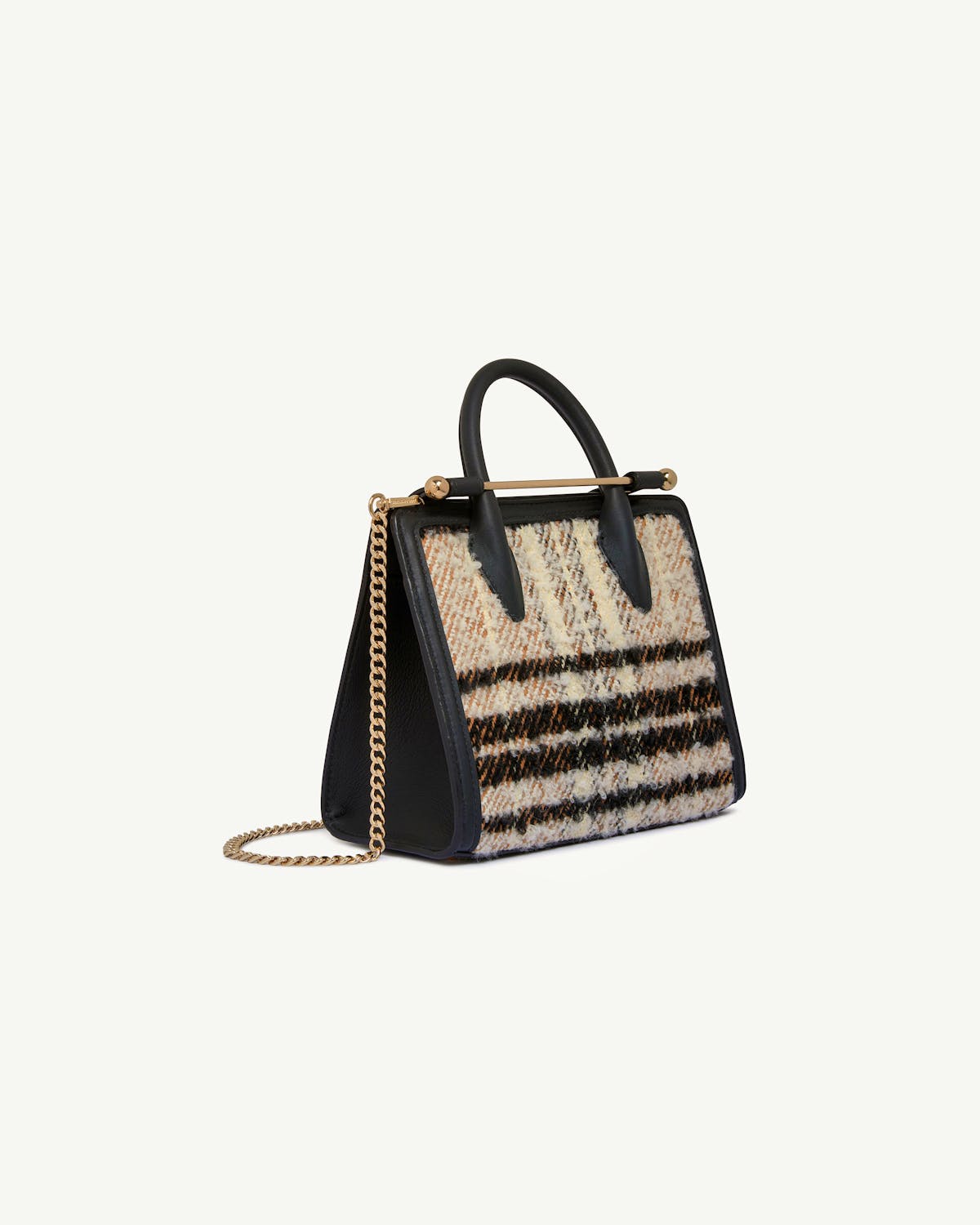 Mini tote in black bouclé tartan with gold chain and top handles