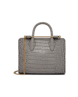 Soft croc mini tote with top handle and gold chain strap.