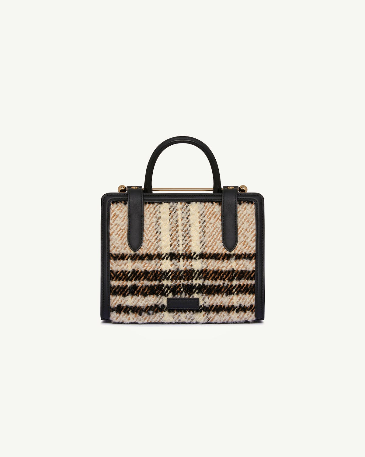 Mini tote black bouclé tartan with black leather trim and top handles.