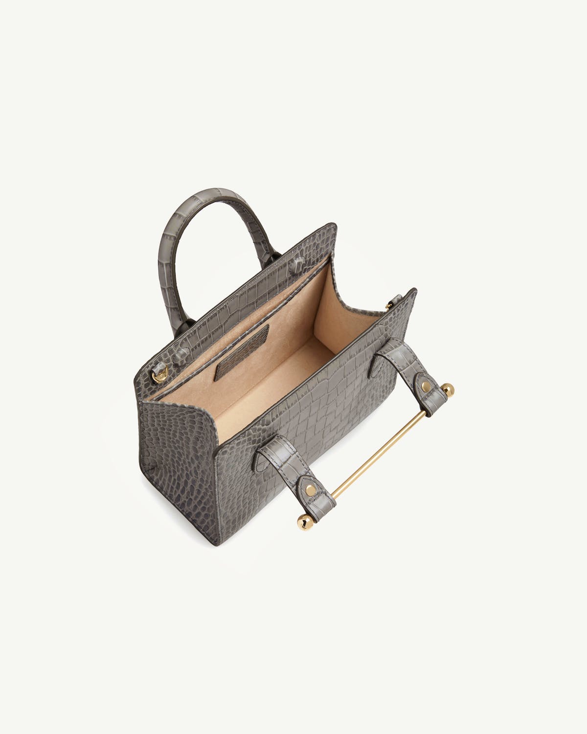 Strathberry mini tote in soft croc grey with open interior and gold bar