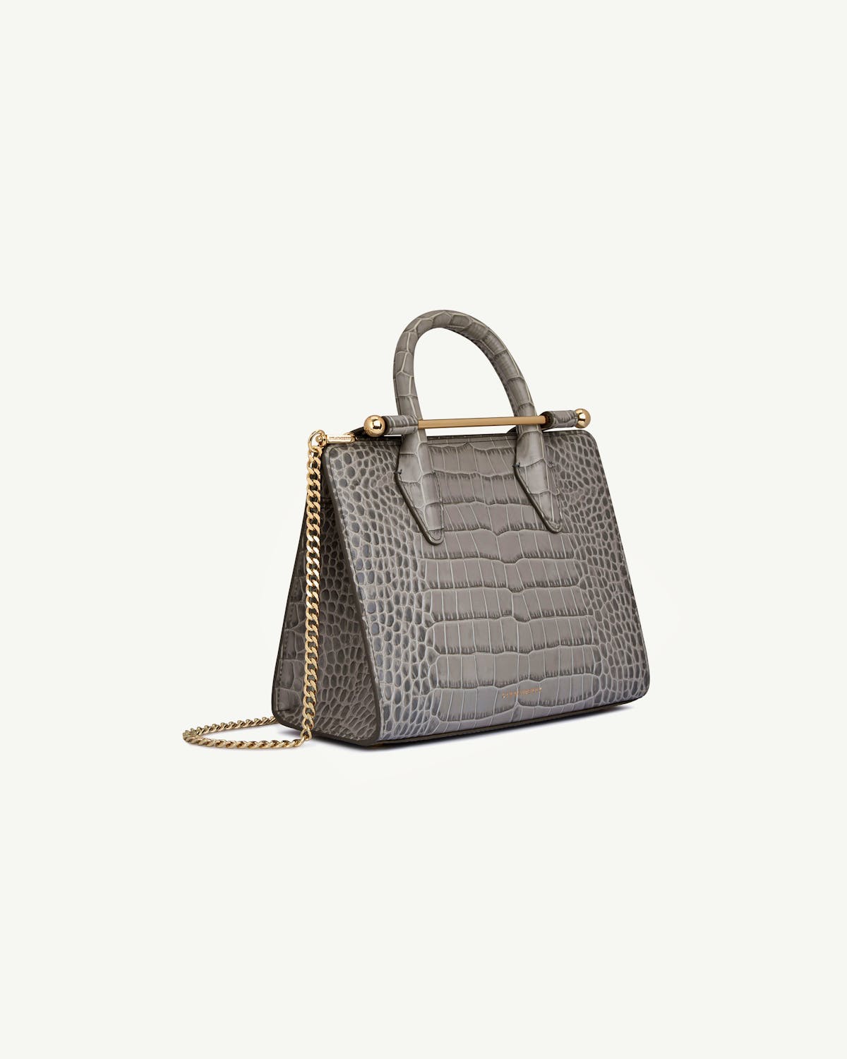Strathberry soft croc mini tote in grey with gold chain and bar handle